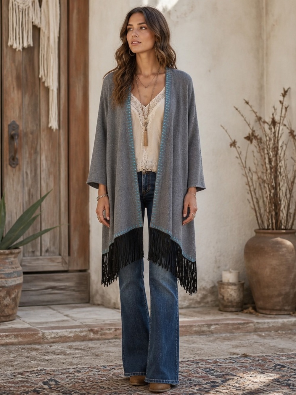 Soft Surroundings Women's L Gray Wool Cashmere Fringe Open Front Cardigan